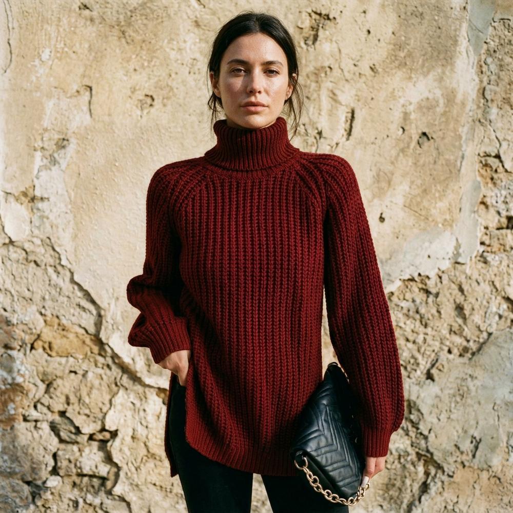 Rosol | Seitlich Geschlitzter Grobstrick Rollkragenpullover