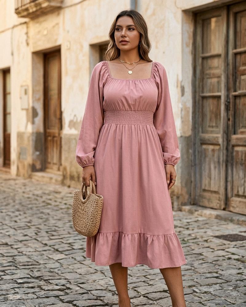 Macys Wear - Yolen | Langärmlig Gesmokt Kleid Damen