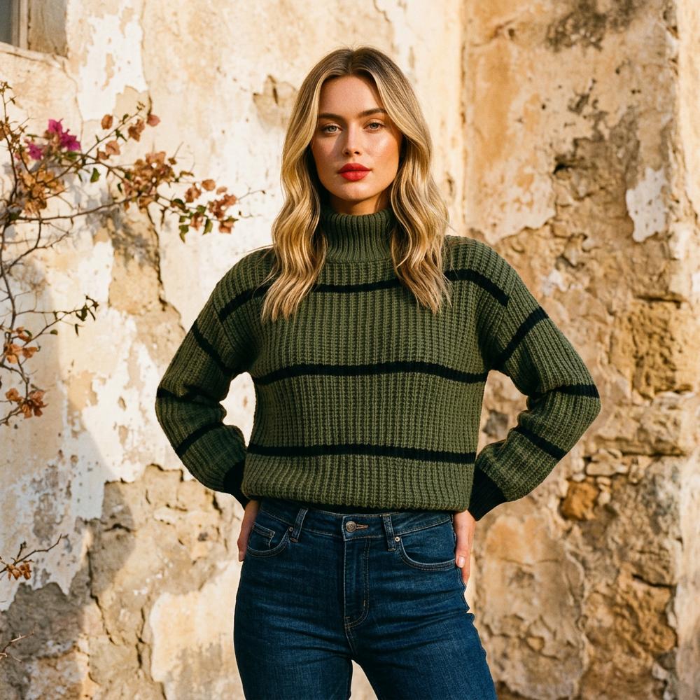 Sesel | Gestreifter Gerippter Rollkragenpullover