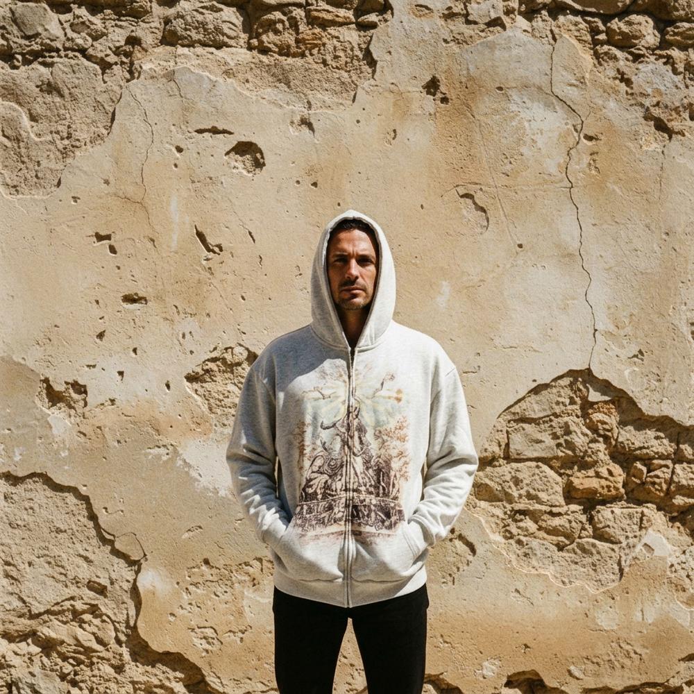 Mikar | Bedruckter Grau Melierter Hoodie