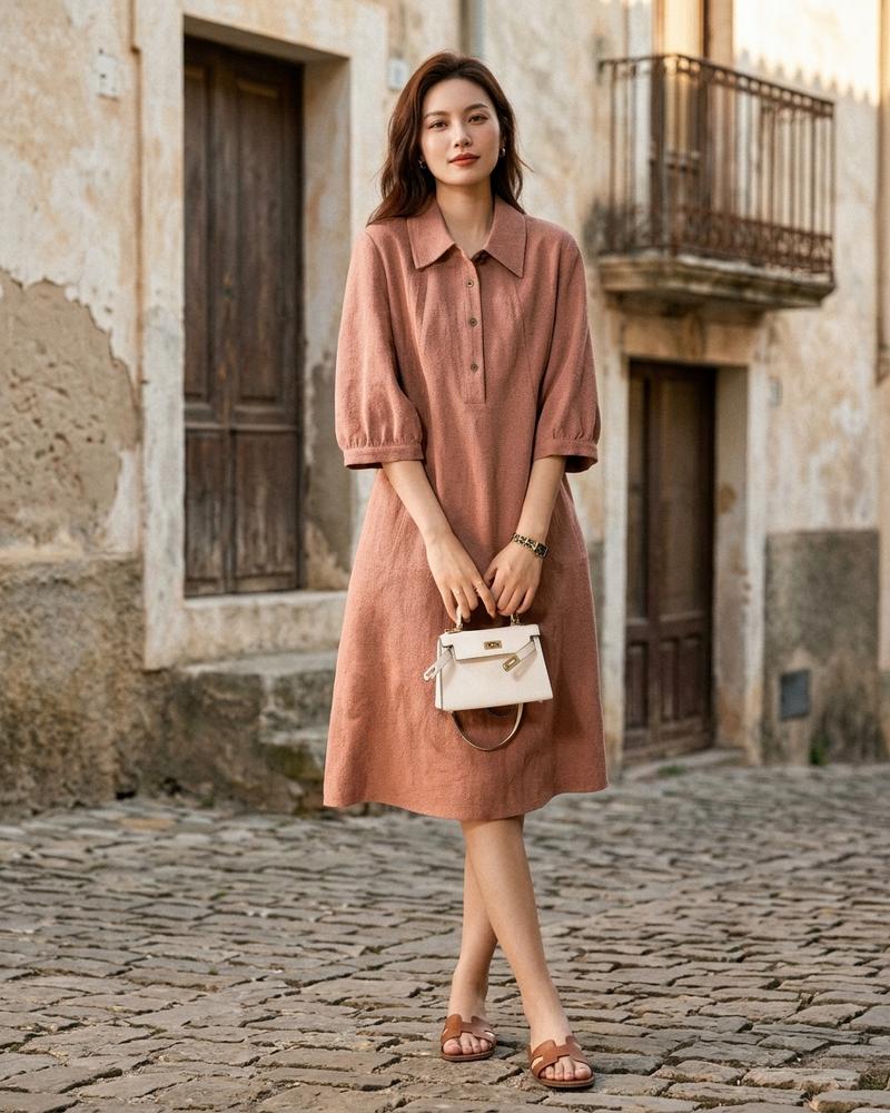 Macys Wear - Nizan | Strukturiert Dreiviertelärmliges Kleid Damen