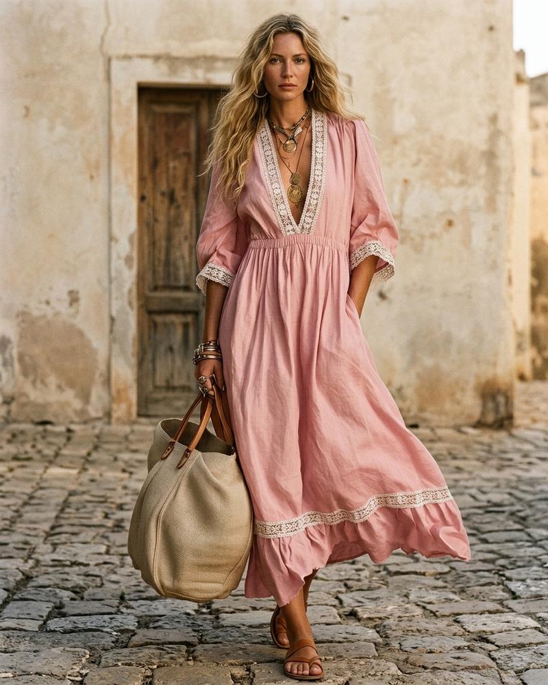Macys Wear - Vesan | V-Ausgeschnittenes Spitzenbesetztes Kleid Damen