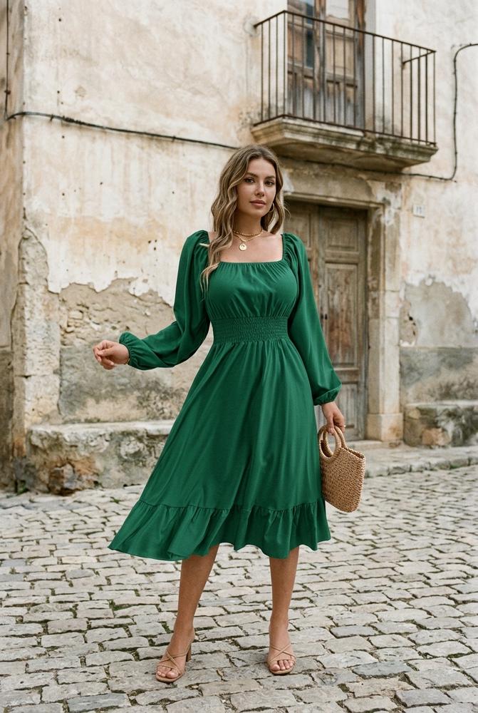 Macys Wear - Yolen | Langärmlig Gesmokt Kleid Damen