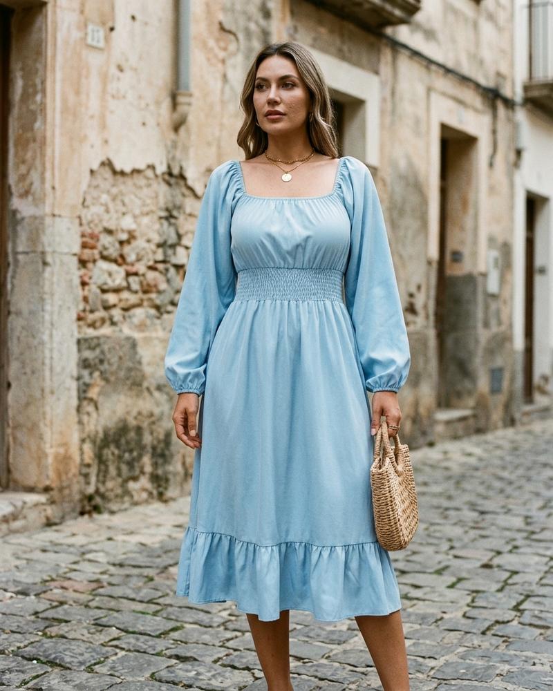 Macys Wear - Yolen | Langärmlig Gesmokt Kleid Damen