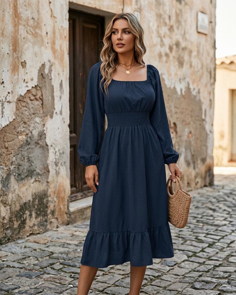 Macys Wear - Yolen | Langärmlig Gesmokt Kleid Damen
