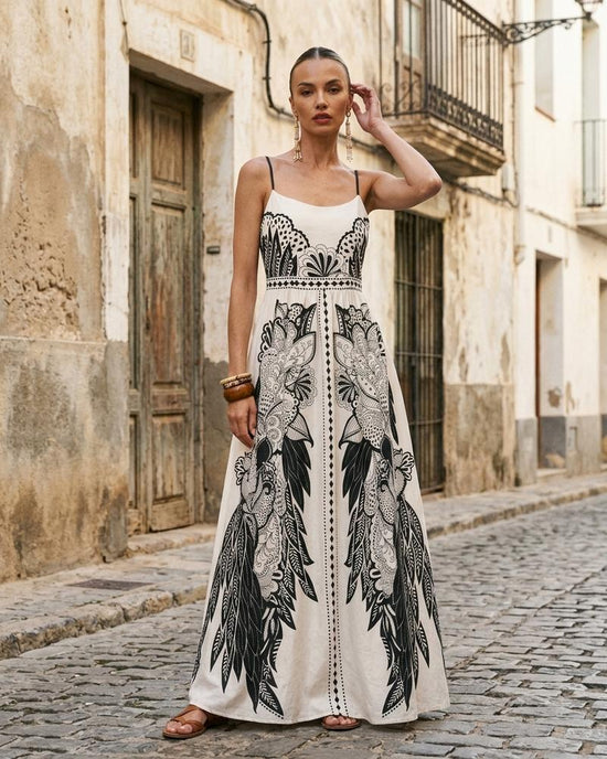 Macys Wear - Camel | Bodenlang Gemustert Kleid Damen