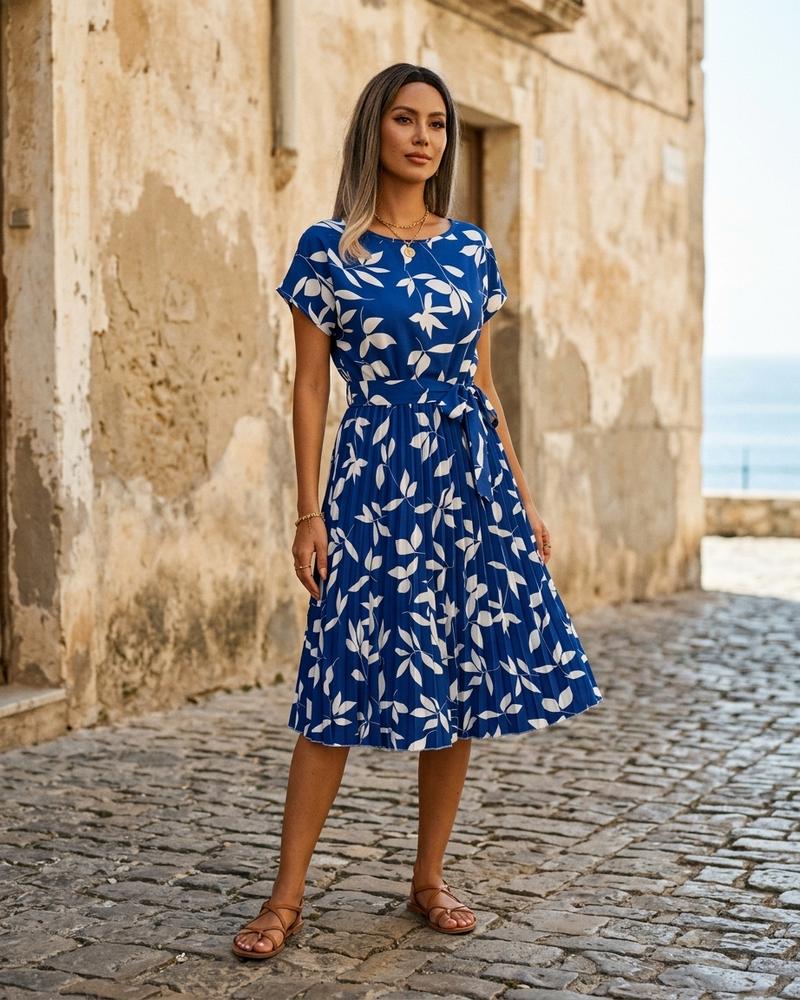 Macys Wear - Rihal | Kurzärmliges Plissiertes Kleid Damen
