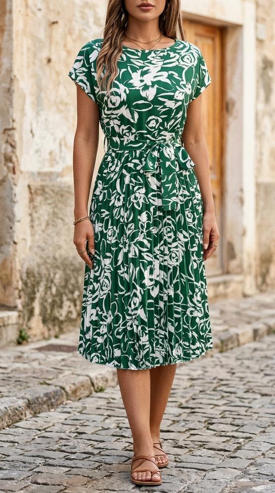 Macys Wear - Vakar | Kurzärmliges Plissiertes Kleid Damen