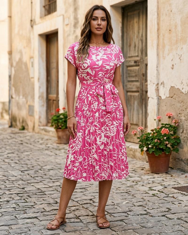 Macys Wear - Vakar | Kurzärmliges Plissiertes Kleid Damen